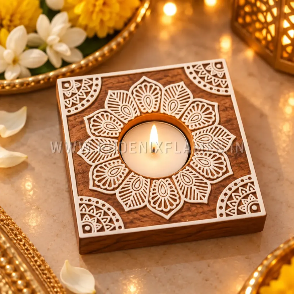 [PF - CRM - WTH - ES - 001] Wooden Tealight Holder - Ethnic Square (4 x 4 in) (25)