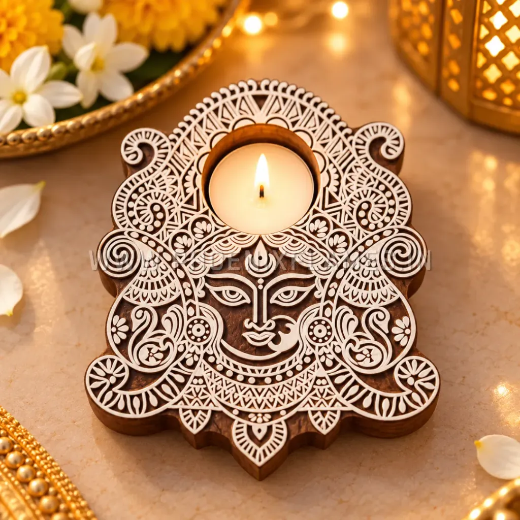 [PF - CRM - WTH - DD - 001] Wooden Tealight Holder - Divine Durga (5.5 x 5 in) (25)