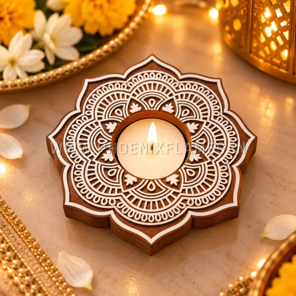 [PF - CRM - WTH - FH - 001] Wooden Tealight Holder - Floral Heritage (4 x 4 in) (25)